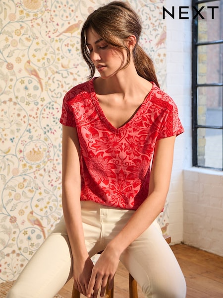 William Morris Red Floral V-Neck Bubble Hem Top (N64555) | €3.50