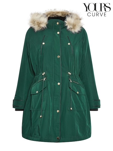 Yours Curve Green Plush Faux Fur Trim Parka (N64576) | €46