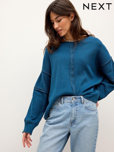 Teal Blue Seam Detail Waffle 100% Cotton Top (N64582) | AED23