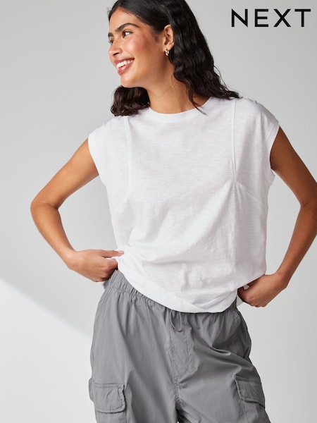 White Ground Crew Neck Linen Look Sub Jersey Cap Sleeve 100% Cotton T-Shirt (N64641) | €13