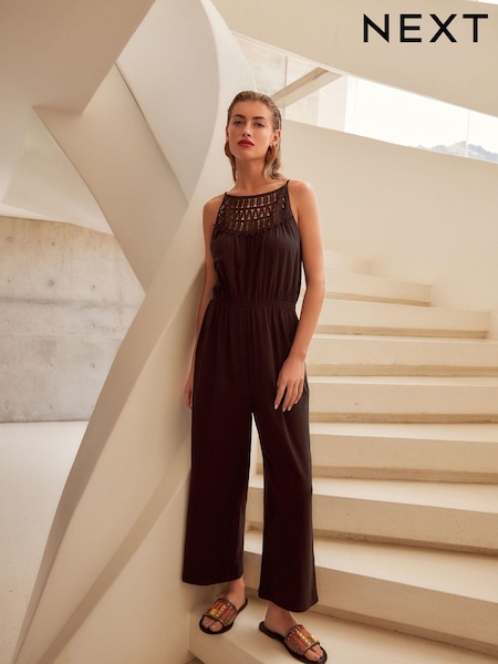 Schwarz - Ärmelloser Jumpsuit mit Häkeldetail und weitem Bein aus 100% Baumwolle (N64650) | 9 €