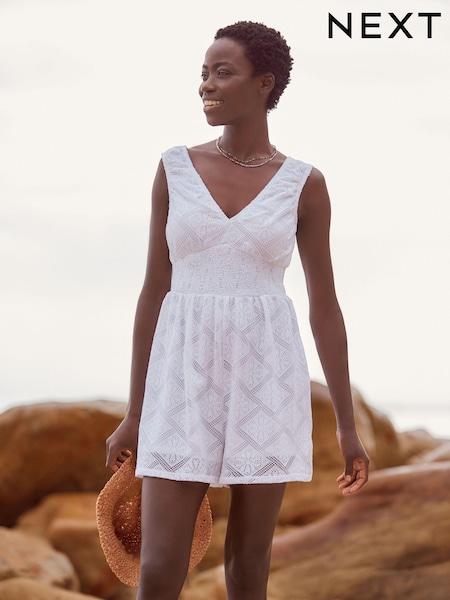 White White V-Neck Crochet Jersey Playsuit (N64657) | €10