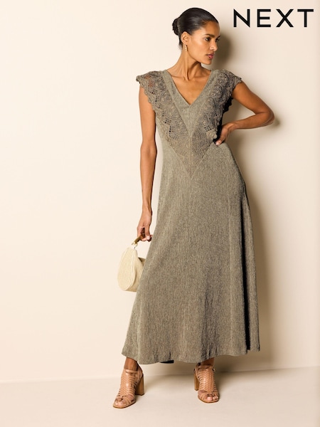 Зеленый хаки - Crochet V-Neck Midi Dress (N64662) | €25