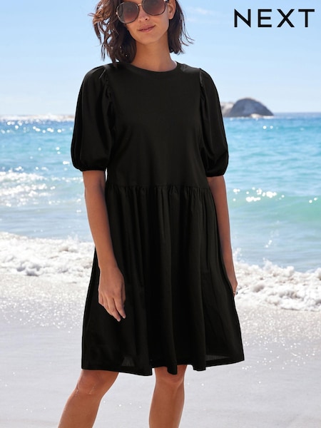 Negru - 100% Cotton Mânecă bufantă Mini Jersey Rochie (N64671) | 94 LEI