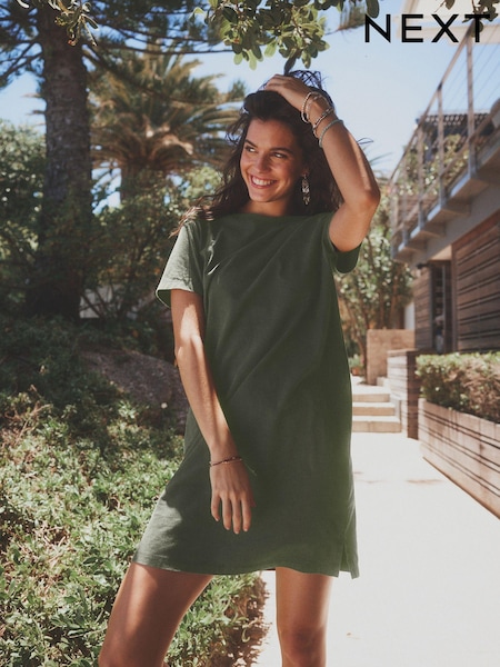 Khaki Green 100% Cotton Crew Neck Short Sleeve T-Shirt Dress (N64676) | €12