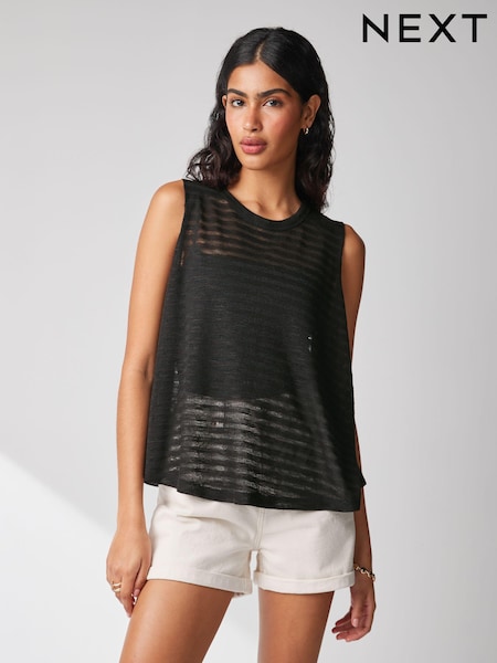 Black Relaxed Fit Sleeveless Scoop Neck Slub Vest Top (N64925) | €5