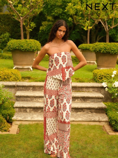 Red/ Ecru Tile Print Wide Leg Trousers (N64954) | €8