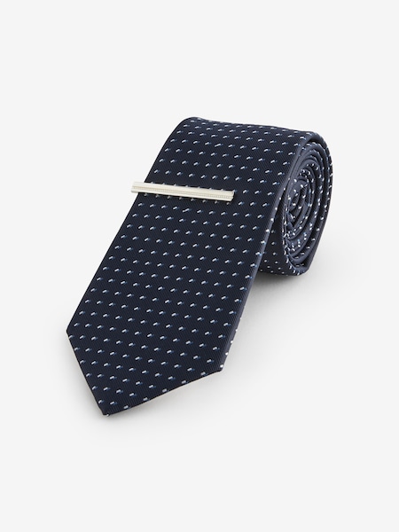 Navy Blue Pattern Tie And Tie Clip (N65054) | €9