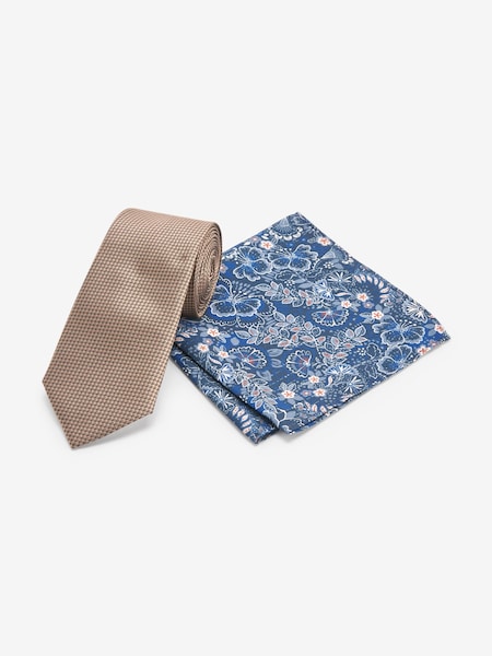 Neutral Brown/Navy Blue Floral Slim Tie And Pocket Square Set (N65066) | €10