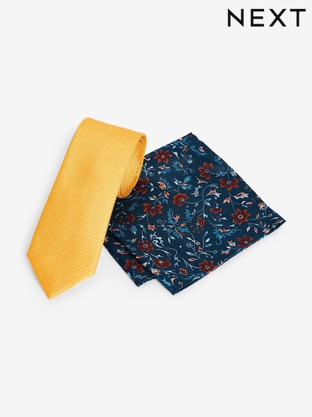 Yellow/Navy Blue Floral Tie And Pocket Square Set (N65081) | €8