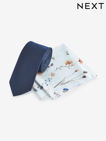 Navy Blue/Light Blue Pressed Flower Slim Tie And Pocket Square Set (N65083) | €9