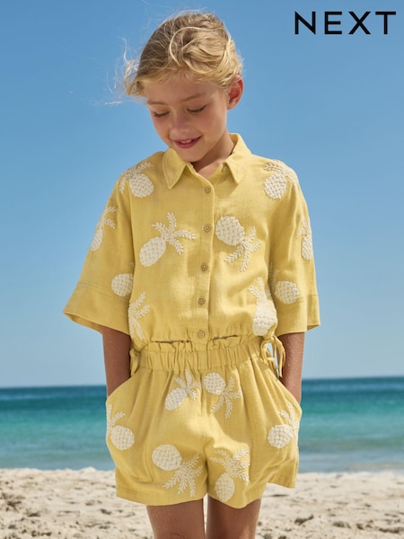 Ochre/Cream Embroidered Co-ord Shirt & Shorts With Linen Set (3-16yrs) (N65111) | €35 - €40