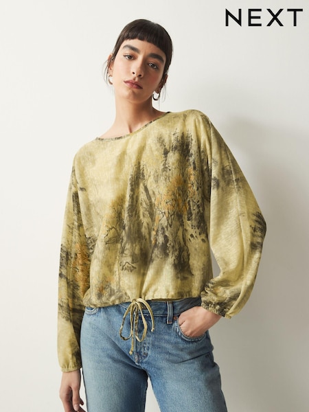 Green Scenic Print Long Sleeve Trim Blouse (N65417) | €13