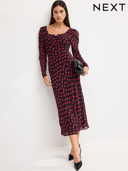 Черный в цветочек - Square Neck Long Sleeve Midi Dress (N65516) | €13