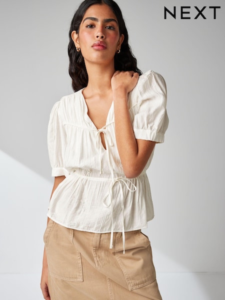 White Tie Front Tiered Textured Short Sleeve Blouse (N65518) | €8