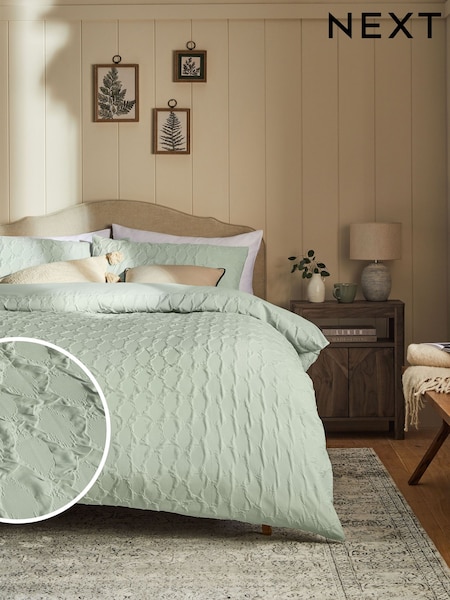 Green Sage Textured Embossed Square Pattern Bedding Duvet Cover and Pillowcase Set (N65860) | €31 - €64