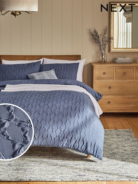 Blue Navy Textured Embossed Square Pattern Bedding Duvet Cover and Pillowcase Set (N65861) | R$ 275 - R$ 570