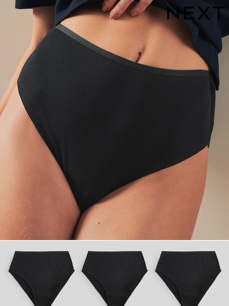 Black High Rise High Leg Cotton Rib Knickers 3 Pack (N65888) | $19