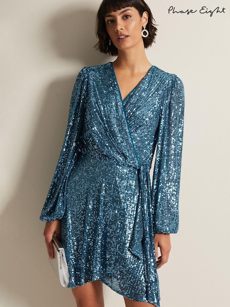 Phase Eight Blue Carissa Teal Sequin Wrap Mini Dress (N66178) | €89