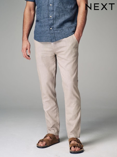 Natural Ecru Linen Cotton Elasticated Drawstring Trousers (N66277) | €17.50