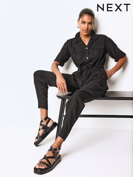 Black Linen Blend Utility Cargo Belted Jumpsuit (N66287) | €32