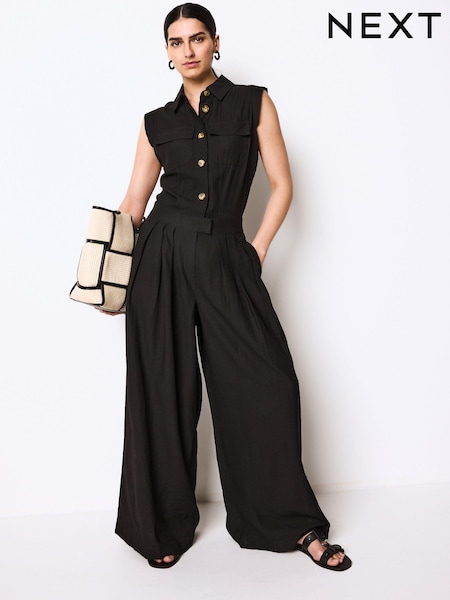 Negru - Button Front Textured Wide Leg Jumpsuit (N66288) | 182 LEI