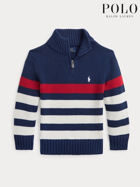 Polo Ralph Lauren Boy Navy 100% Cotton Striped Quarter-Zip Jumper (N66308) | €76 - €83
