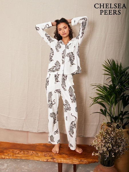 Chelsea Peers White Organic Cotton Lotus Tiger Print Long Pyjama Set (N66560) | €34
