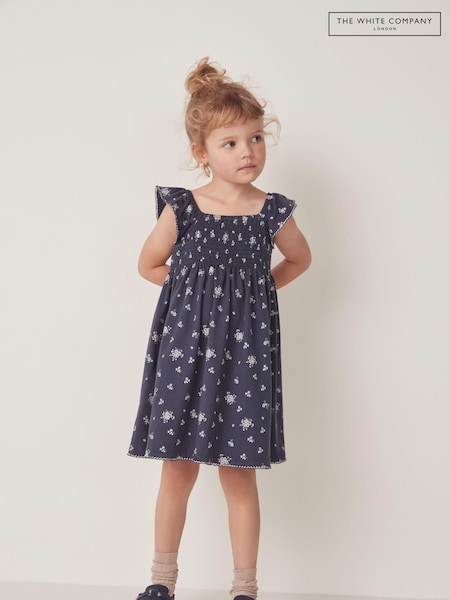 The White Company Blue Camille 100% Cotton Frill Sleeve Jersey Dress (N67463) | AED81 - AED87