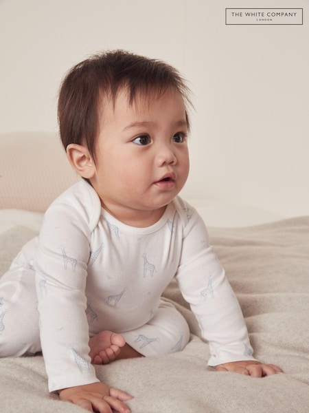The White Company 100% Cotton Giraffe Print White Sleepsuit (N67624) | €24