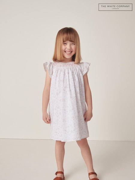 The White Company Celine 100% Cotton Hand Smocked Frill Sleeve White Dress (N67637) | €25 - €26