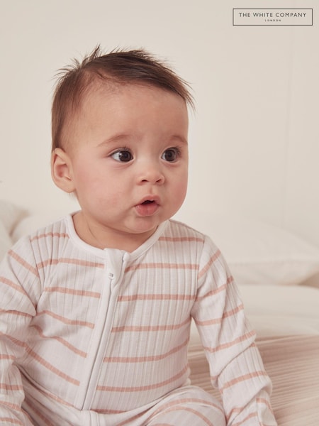 The White Company Pink 100% Cotton Stripe Rib Sleepsuit (N67646) | €31