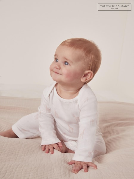 The White Company 100% Cotton Giraffe Print White Sleepsuit (N67657) | AED93