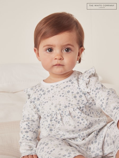 The White Company Organic Cotton Edie Floral Frill Yoke White Sleepsuit (N67672) | €13