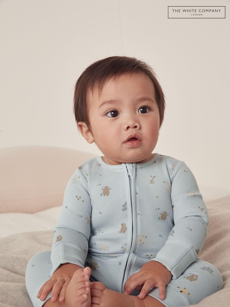 The White Company Blue 100% Cotton Honey Bear Print Zip Sleepsuit (N67681) | €15