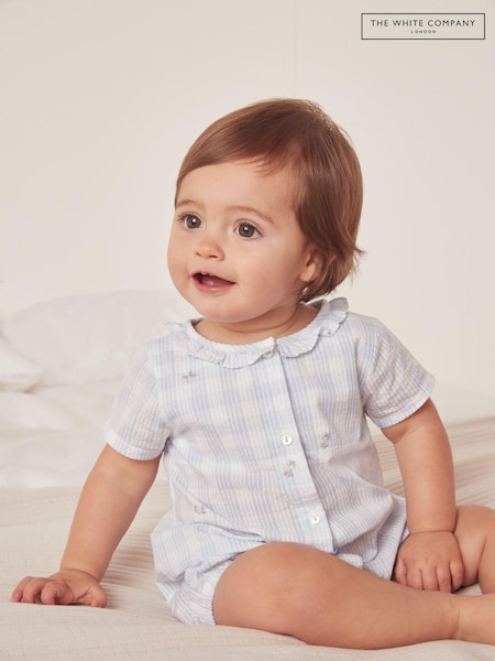 The White Company Blue Cotton Floral Embroidered Gingham Shortie Sleepsuit (N67685) | € 9