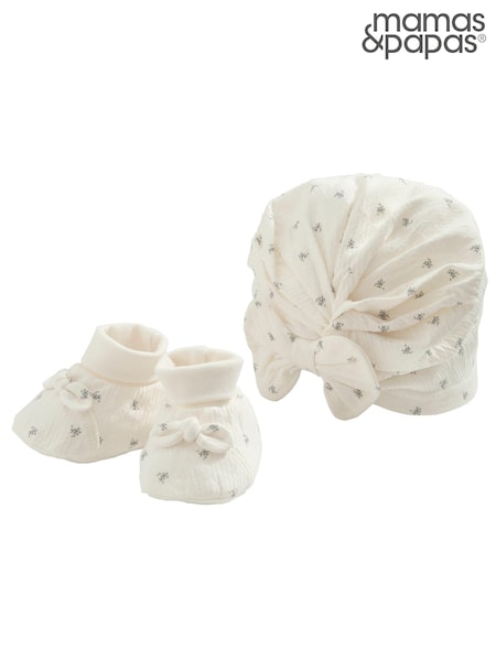 Mamas & Papas White 2 Piece Ditsy Hat & Booties Set (N68460) | €10