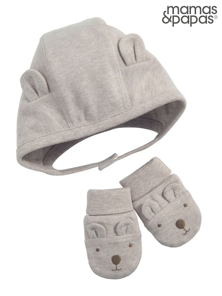 Mamas & Papas Grey 2 Piece Bear Ear Hat & Mittens Set (N68538) | €23