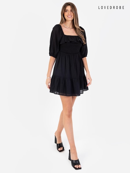 Lovedrobe Black Smocked Bodice Square Neck Puff Sleeve Mini Dress (N68960) | 175 LEI
