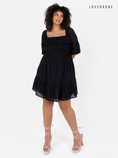 Lovedrobe Black Smocked Bodice Square Neck Puff Sleeve Mini Dress (N68963) | €18