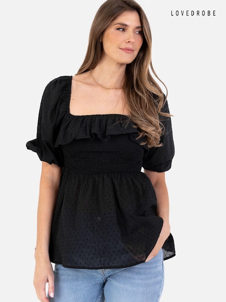 Lovedrobe Cream Smocked Bodice Square Neck Peplum Hem Top With Puff Sleeve (N68981) | €13