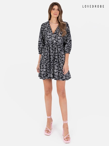 Lovedrobe Puff Sleeve Wrap Front Smock Black Dress (N68988) | €15