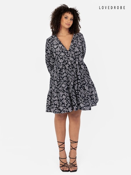 Lovedrobe Puff Sleeve Wrap Front Smock Black Dress (N69013) | €26