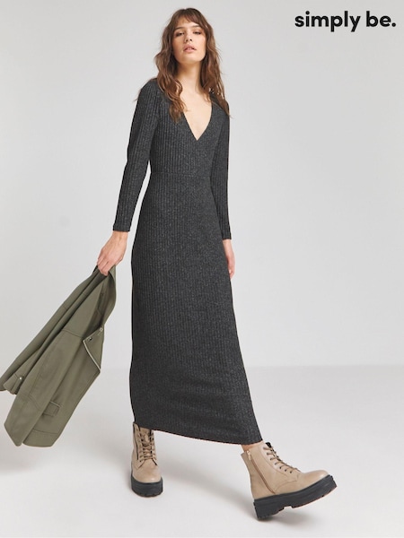 Simply Be Black Marl Cosy Rib Wrap Front Maxi Dress (N69081) | €21