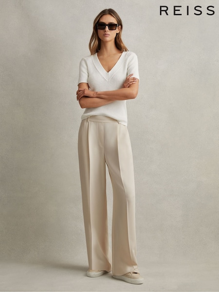 Reiss Cream Eden Petite Half-Elasticated Wide Leg Trousers (N69222) | €185