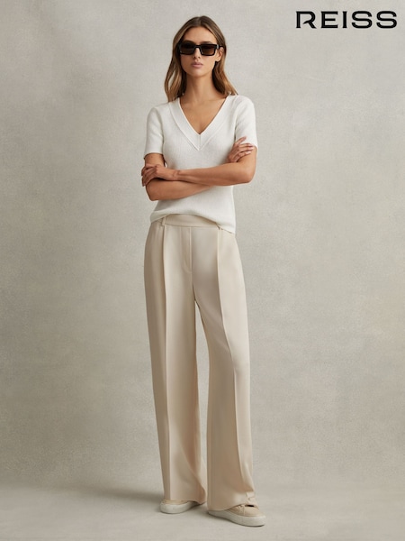 Reiss Cream Eden Half-Elasticated Wide Leg Trousers (N69225) | 941 QAR