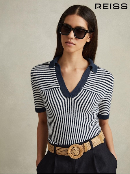 Reiss Navy/Ivory Stevie Linen Blend Open Collar Striped Polo Shirt (N69310) | €145
