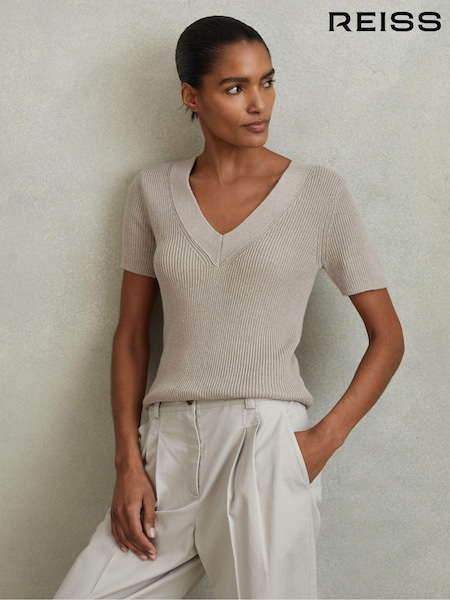 Neutrale Farbe - Reiss Rosie Cotton Blend Knitted V-Neck Top (N69325) | 153 €