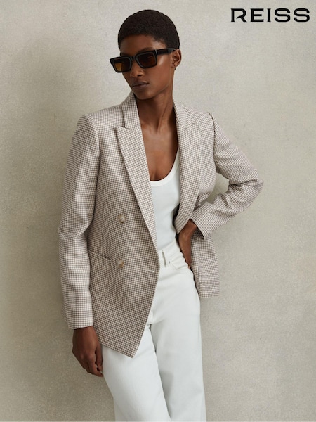Reiss Beige Check Ella Wool Blend Double Breasted Dogtooth Blazer (N69327) | € 465