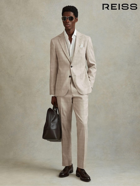 Reiss Oatmeal Boxhill Slim Fit Linen Blend Check Trousers (N69350) | AED1,066